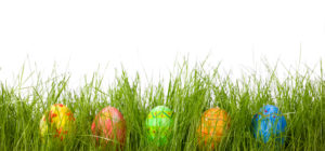 Row of five Easter eggs in fresh green grass